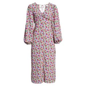 Topshop Godet Floral Front Long Sleeve Midi Dress